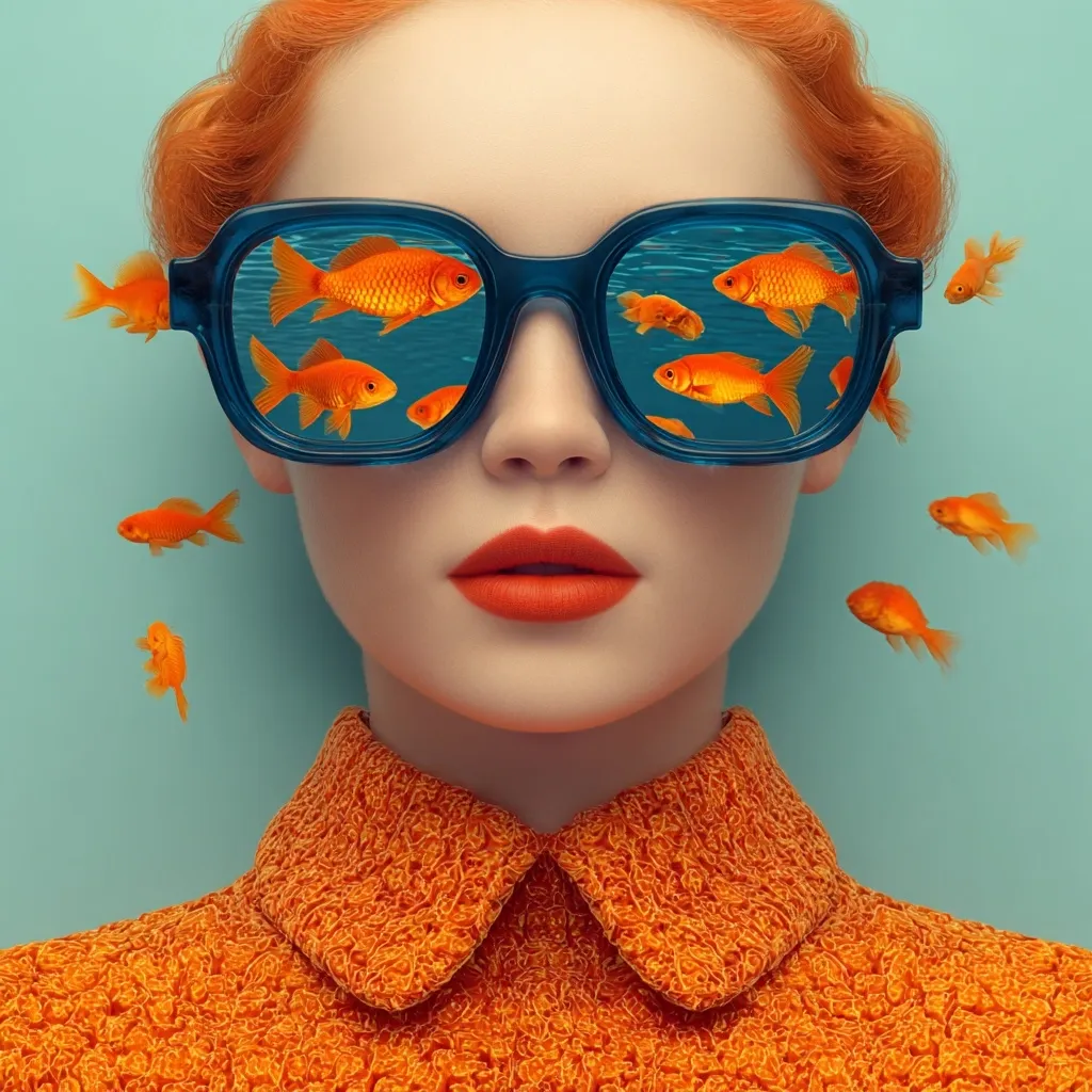 A close-up portrait of a woman with vibrant orange hair wearing oversized blue sunglasses.  The lenses reflect goldfish swimming underwater, creating a surreal effect.  She's dressed in a textured orange collared top, and small goldfish are also depicted swimming around her head.  The background is a pale teal. The overall style is bold, artistic, and slightly whimsical.
