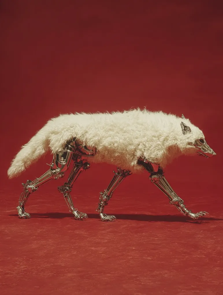 A robotic wolf, its metallic skeleton gleaming, is covered in a thick, white fur coat.  It strides across a crimson surface, its articulated legs suggesting movement. The contrast between the organic fur and the cold, mechanical structure creates a striking visual. The image's stark background emphasizes the subject, a unique blend of nature and technology.