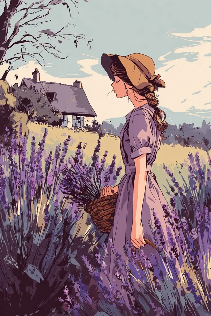 A young woman in a lavender dress and sun hat walks through a field of blooming lavender.  She carries a basket of freshly picked flowers. A quaint cottage with a thatched roof sits in the background under a pale blue sky. The scene evokes a sense of peace and tranquility in a rustic, idyllic setting. The art style is digitally painted with a soft, dreamy quality.