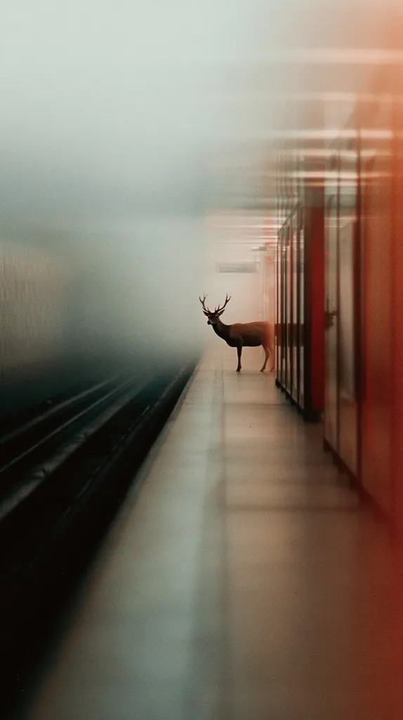 A lone deer stands on a subway platform, shrouded in a hazy atmosphere.  The platform is empty, the tracks blurred in motion.  Red doors line the opposite wall, creating a stark contrast against the muted tones of the scene.  The image evokes a sense of surreal solitude and unexpected wildlife in an urban setting.