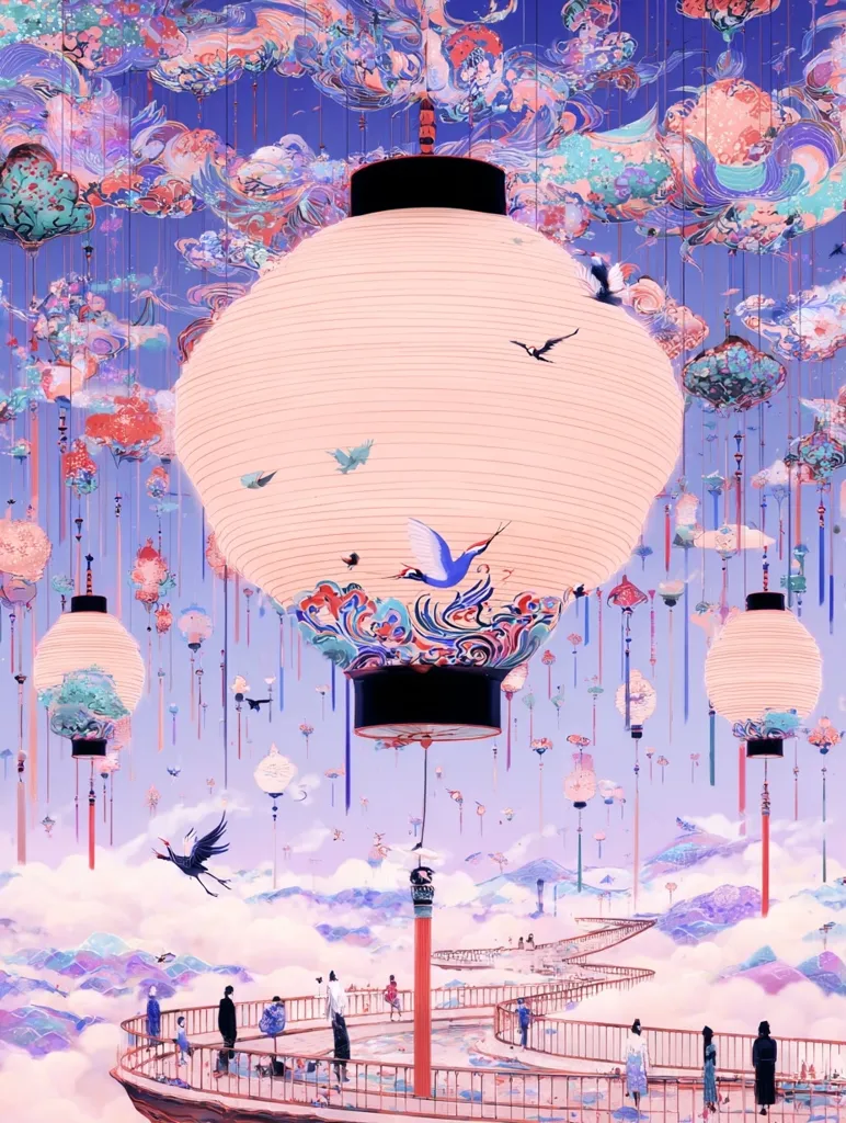 A whimsical illustration depicts a dreamy landscape filled with numerous pastel-colored lanterns suspended in a sky of swirling clouds.  A central, giant lantern dominates, adorned with intricate designs. People stroll along a winding path above a cloud sea, creating a surreal and peaceful atmosphere. Birds fly amongst the lanterns, adding to the ethereal scene. The overall style is soft, romantic, and fantastical.