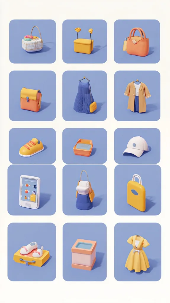 A grid of charming 3D rendered objects showcases a variety of everyday items.  These include bags, shoes, clothing, hats, and small accessories, all presented in a pastel color scheme against a light blue background. The style is minimalist and playful, suggesting a theme of shopping or fashion.  Each item is neatly displayed in its own square, creating a visually appealing and organized collection.