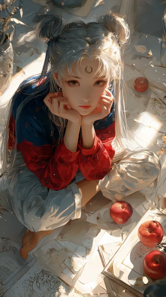 A young anime girl with silvery-blue hair styled in twin buns sits on the floor, chin resting on her hands.  She wears a red and dark blue jacket over light pants. Sunlight streams onto her, illuminating her pale skin and the surrounding papers and red apples scattered on the floor.  The scene is serene and peaceful, suggesting a moment of quiet contemplation.  A crescent moon adorns her forehead.