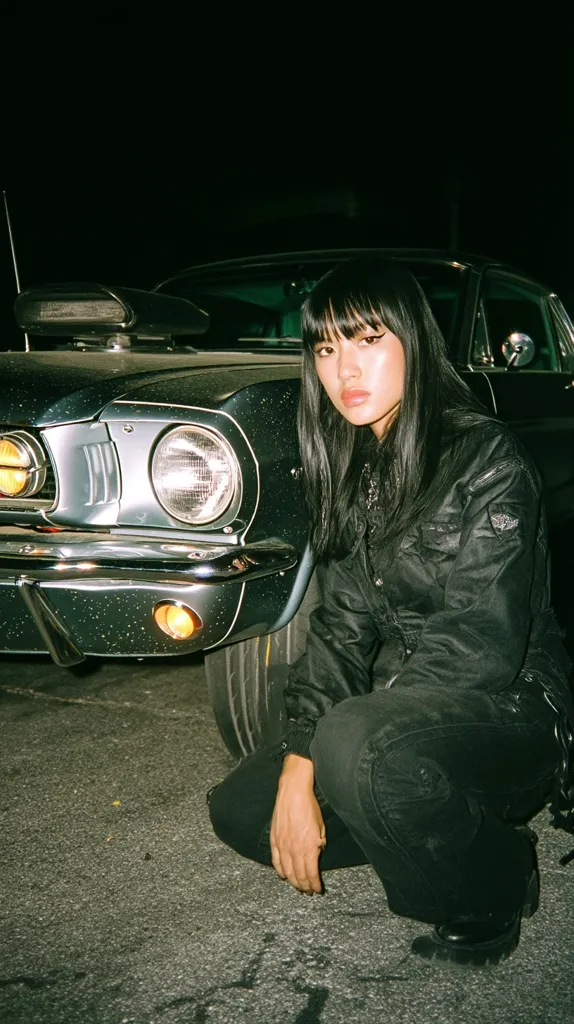 A young woman with long black hair crouches in front of a classic dark-grey Mustang at night.  She's dressed in a black bomber jacket and dark pants, her expression serious. The car's headlights are illuminated, casting a soft glow on her face. The overall mood is moody and atmospheric, suggesting a nighttime setting with a vintage feel.