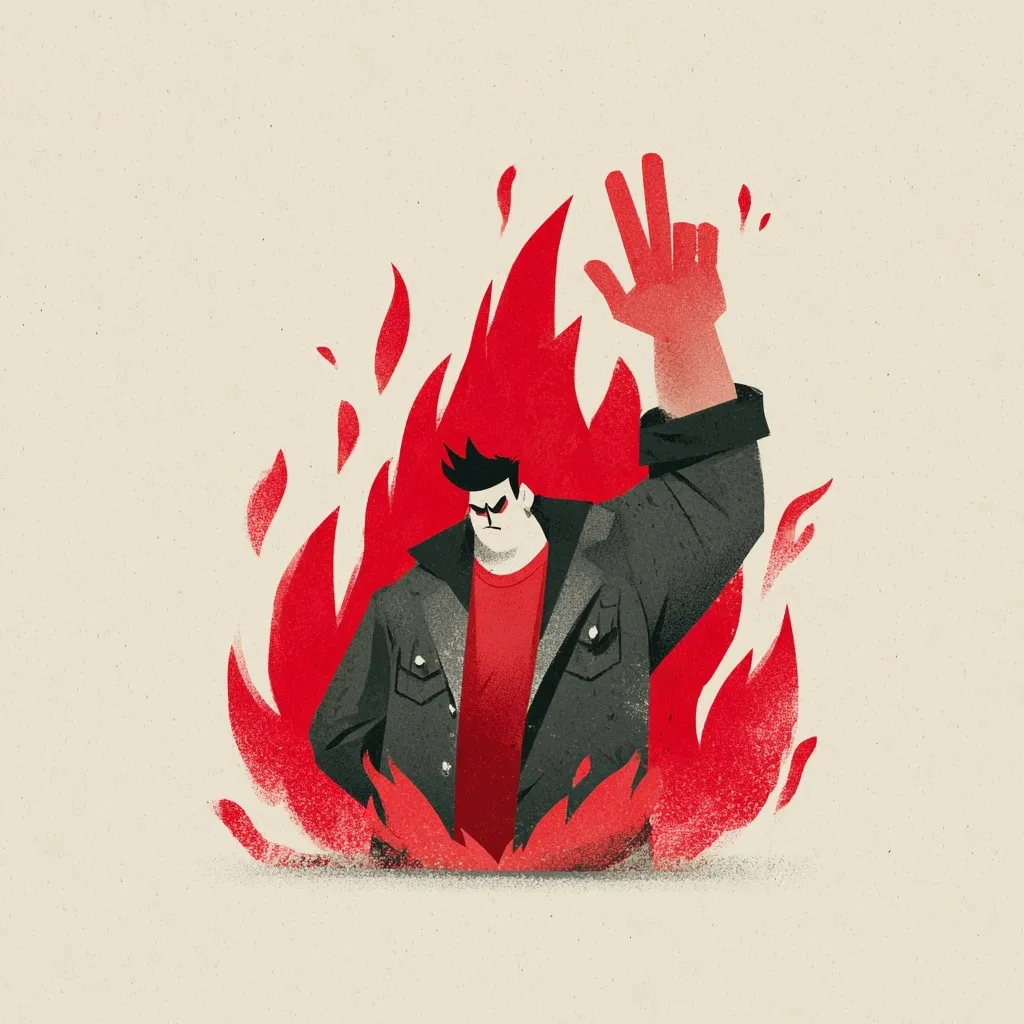 A stylized illustration depicts a man in a dark jacket and red shirt, engulfed in flames.  His expression is stern, and one hand is raised in a defiant gesture. The artwork uses bold colors and simplified shapes, creating a powerful and dramatic image suggesting anger, rebellion, or intense passion.  The textured background adds to the overall gritty feel.