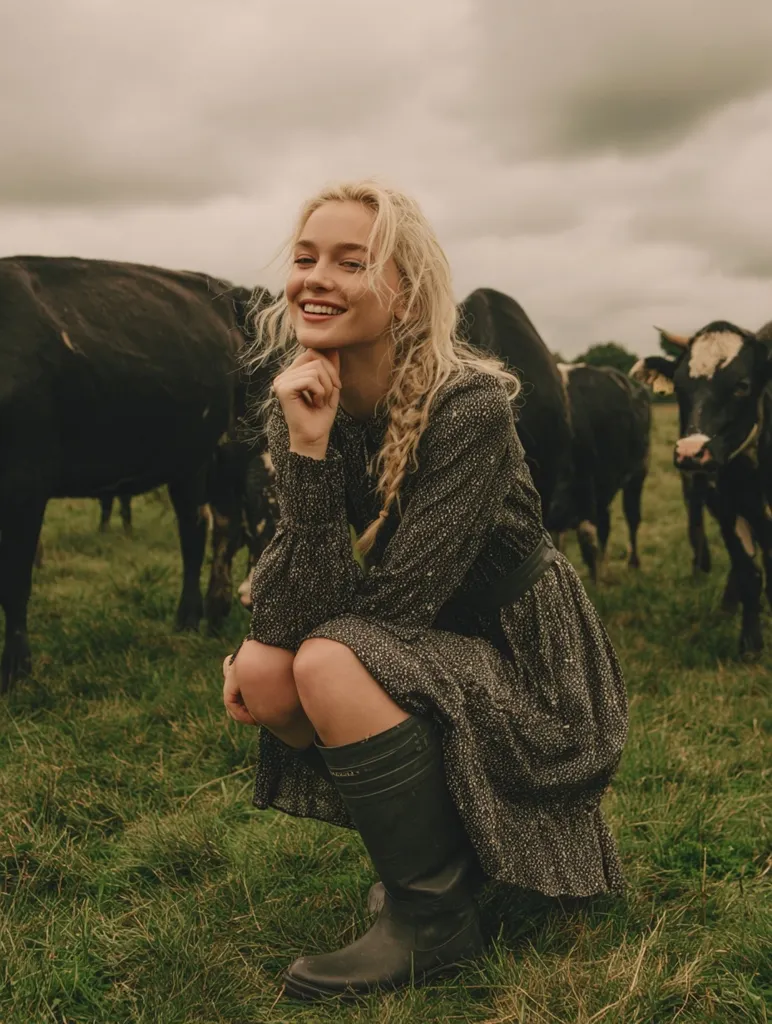 A young woman with blonde hair, wearing a dark floral dress and black Hunter boots, sits in a field amidst a herd of black cows.  She smiles gently, her hand resting on her chin. The atmosphere is serene and rustic, with a cloudy sky overhead. The overall mood is peaceful and charming, evoking a countryside setting.