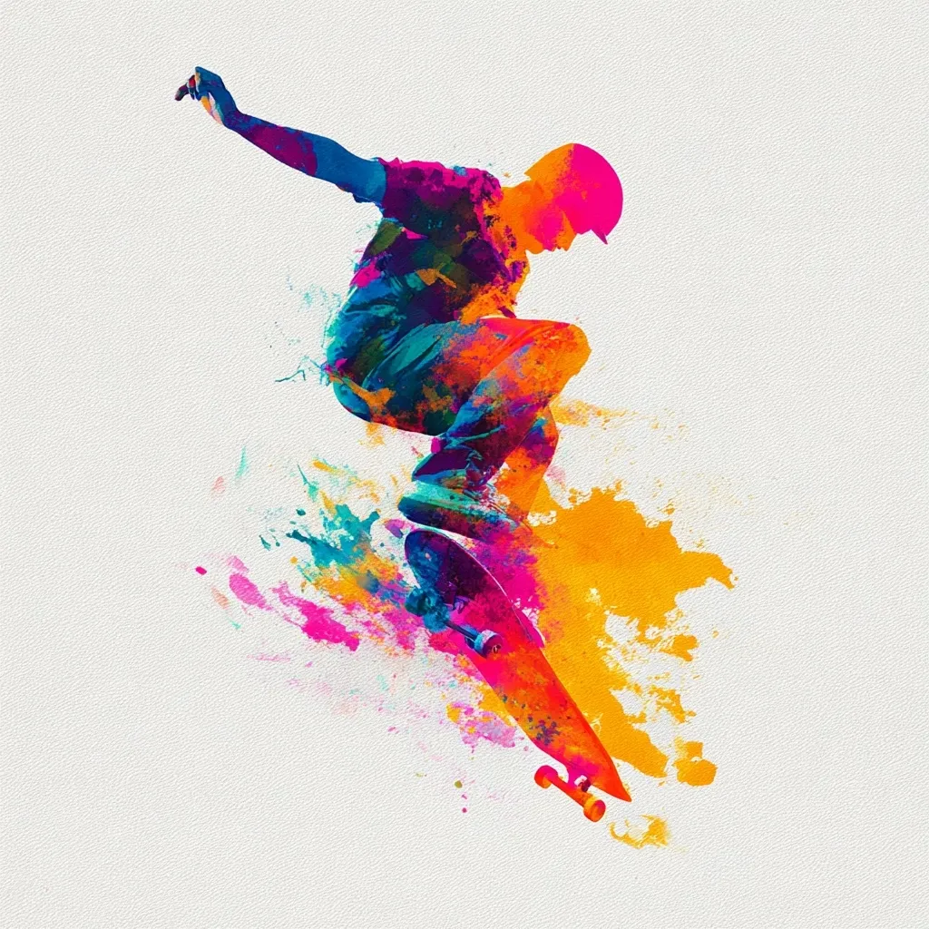 A vibrant, colorful watercolor-style illustration depicts a skateboarder mid-air.  The skater, rendered in shades of blue, pink, and orange, is captured in a dynamic pose, showcasing impressive skill and energy. The bright, splashing colors surrounding the figure add to the feeling of movement and excitement, creating a visually striking and energetic image.