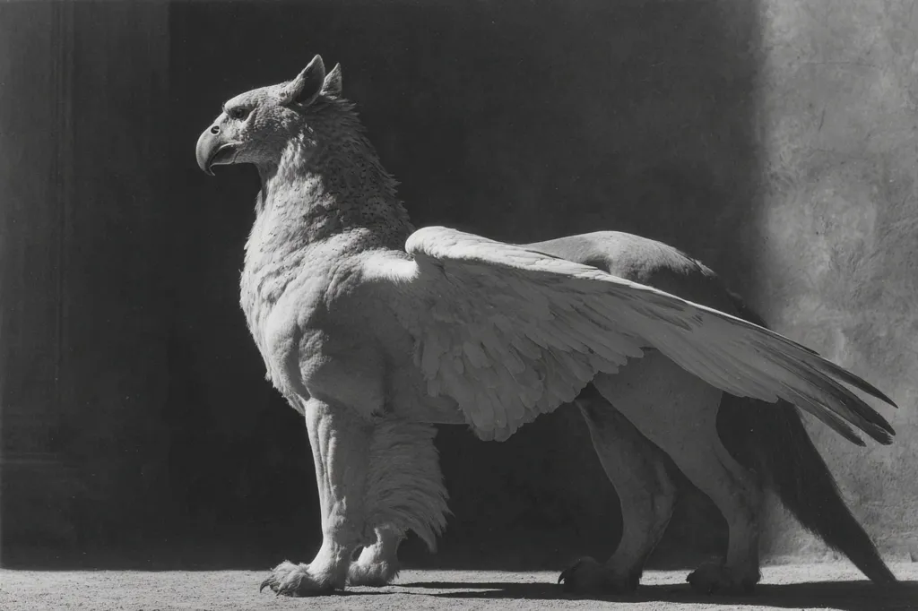 A striking monochrome photograph captures a meticulously crafted griffin statue.  The creature, with its lion's body and eagle's head and wings, is presented in profile against a dark, textured backdrop.  The lighting accentuates the details of its feathers and musculature, creating a dramatic and powerful image. The statue's pose suggests alertness and strength.