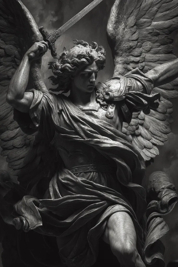 A monochrome digital rendering depicts a majestic angel, wings outstretched, wielding a sword.  The angel's musculature is defined, and the flowing drapery of the garment adds dynamism.  The detailed texture of the wings and the angel's intense expression convey power and determination.  The overall style is reminiscent of classical sculptures, creating a dramatic and powerful image.