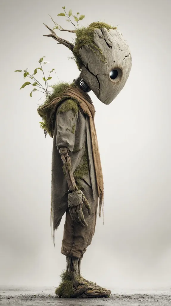 A digital rendering showcases a humanoid figure crafted from wood and moss. Its head is a weathered, hollowed-out piece of wood, adorned with sprouting plants.  The body, similarly textured, displays exposed wooden joints and limbs, draped in a tattered, moss-covered garment.  Small plants sprout from its shoulders and feet, creating a striking blend of nature and artificiality. The figure stands in a contemplative pose against a muted background.