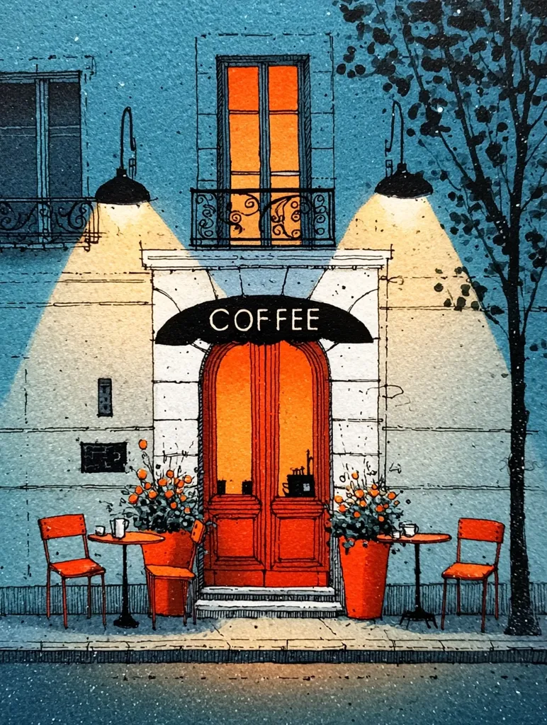 A charming illustration depicts a coffee shop at night.  Two red chairs and small tables sit outside, flanking a bright orange door under a sign reading "COFFEE."  Potted plants add color to the scene, illuminated by streetlights casting a warm glow on the building's facade.  The style is reminiscent of a vintage travel poster, with detailed architectural elements and a muted color palette.