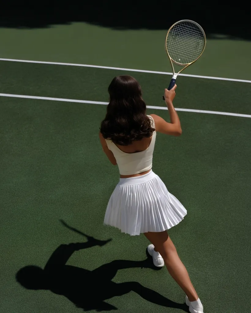 A woman in a white tennis outfit stands on a green court, back to the camera, holding a tennis racket above her head.  Her pleated skirt and cropped top are classic tennis attire. Sunlight casts a distinct shadow of her on the court, emphasizing the scene's sunny setting.  She appears poised and ready to serve.