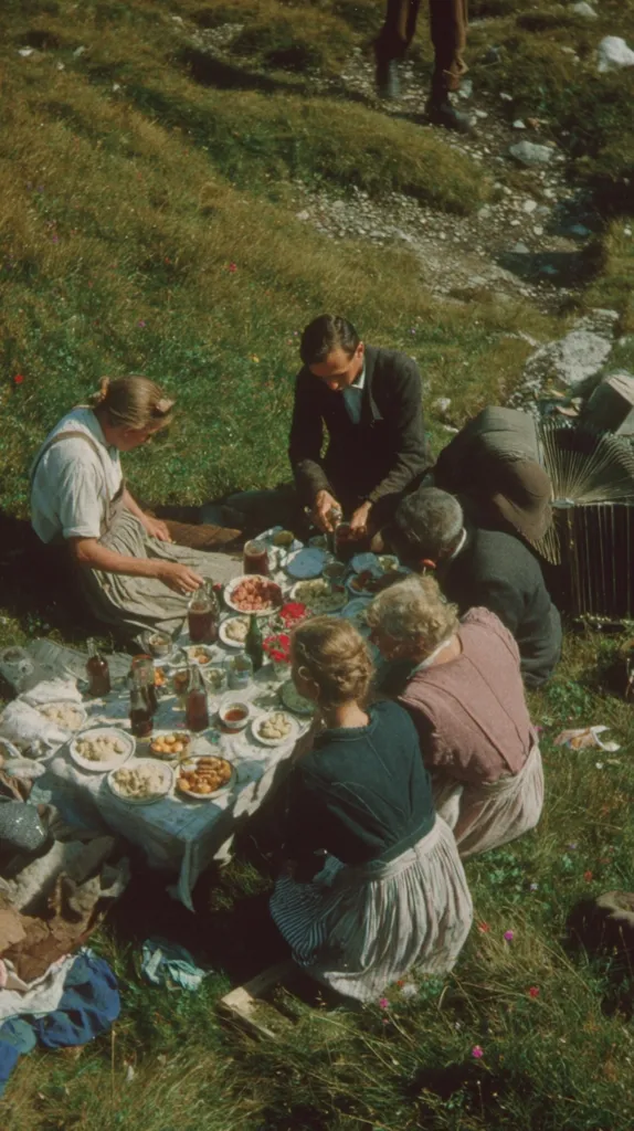 A group of people enjoy a picnic amidst a vibrant green alpine meadow.  A tablecloth laden with food, including bowls and plates of various dishes, is spread out on the grass.  The group, dressed in period clothing, consists of men and women seated around the table, sharing a meal outdoors. The setting is idyllic and peaceful, showcasing a simple, outdoor gathering in a picturesque natural landscape.