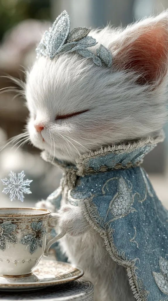 A fluffy white kitten, adorned with a sparkling silver crown and a teal embroidered cape, delicately holds a teacup.  A snowflake floats nearby, adding to the enchanting winter scene. The kitten's eyes are closed, suggesting tranquility and perhaps a moment of peaceful enjoyment. The overall image is whimsical and charming, evoking a sense of fantasy.