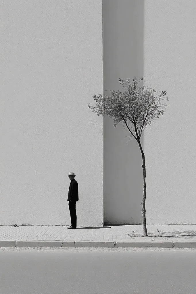 A man in a suit and hat stands on a sidewalk next to a tall, slender tree.  The scene is monochrome, emphasizing the stark contrast between the man, the tree, and the large, light-colored wall that forms a backdrop.  A shadow stretches from the wall onto the sidewalk, adding depth to the minimalist composition.  The overall feel is one of quiet solitude and urban simplicity.
