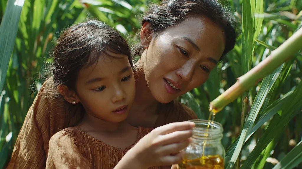 A woman and young girl, dressed in earth-toned clothing, collect golden liquid from a stalk of a plant in a lush green field.  The woman gently guides the child's hand as they pour the liquid into a glass jar.  The scene suggests a traditional harvesting or gathering process, emphasizing a connection to nature and possibly highlighting the use of natural resources.  Sunlight filters through the leaves creating a warm and natural ambiance.