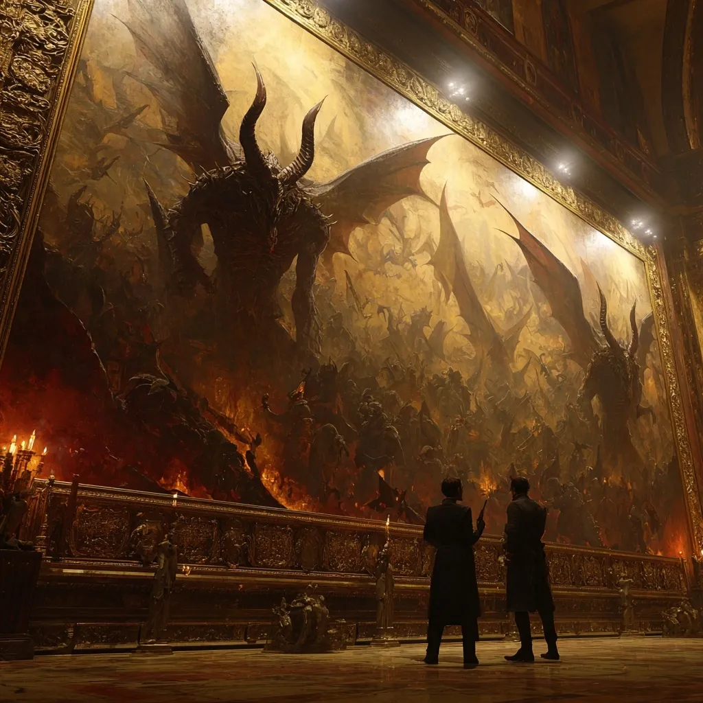 Two figures stand before a colossal painting depicting a demonic battle. A massive, horned dragon dominates the scene, surrounded by a fiery chaos of smaller demons and creatures. The artwork is housed within an ornate, gilded frame in a grand hall, illuminated by strategically placed lights. The scene is dramatic and evokes a sense of awe and perhaps fear, highlighting the sheer scale and power of the depicted demonic forces.