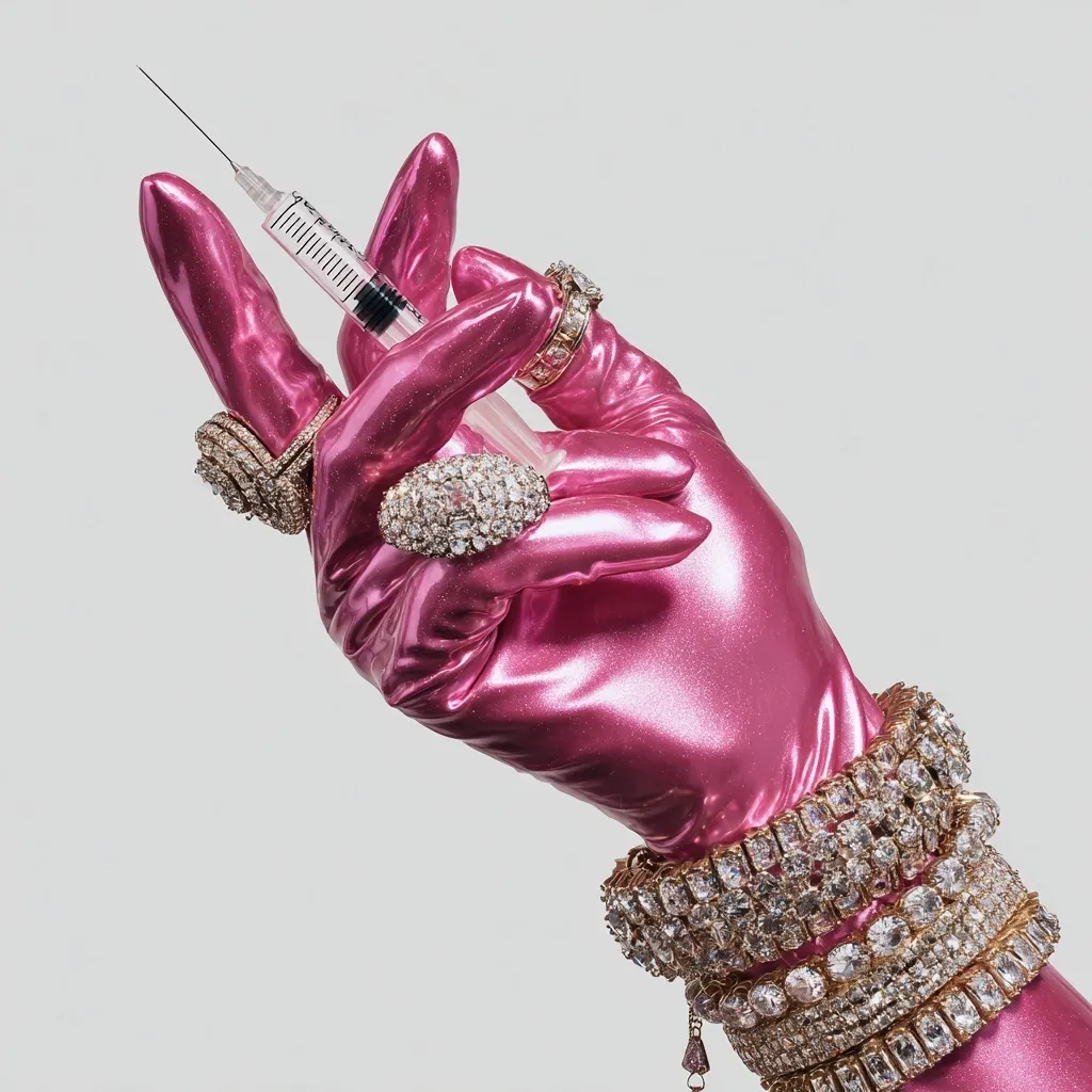 A pink, shiny glove holds a syringe.  The glove is adorned with several large, diamond-encrusted rings and multiple sparkling bracelets, creating a glamorous yet unsettling contrast with the medical instrument. The image suggests themes of beauty, wealth, and perhaps the pursuit of perfection or enhancement.