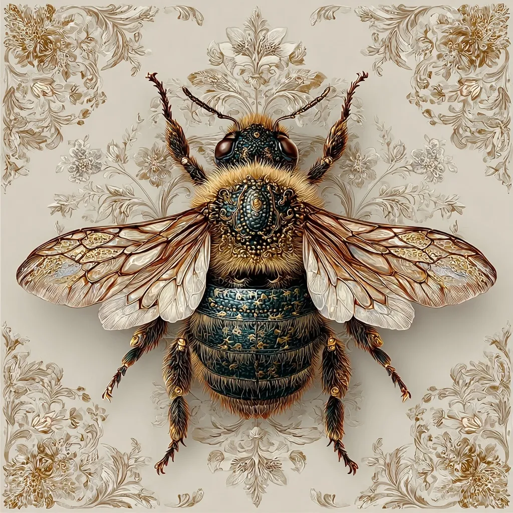 A meticulously detailed illustration depicts a large bumblebee adorned with intricate gold and teal patterns on its body and wings.  The bee is centrally positioned against a soft beige background featuring an ornate, damask-style floral wallpaper pattern in muted gold tones. The image exudes a vintage, almost baroque aesthetic, with a focus on the insect's ornate embellishments.