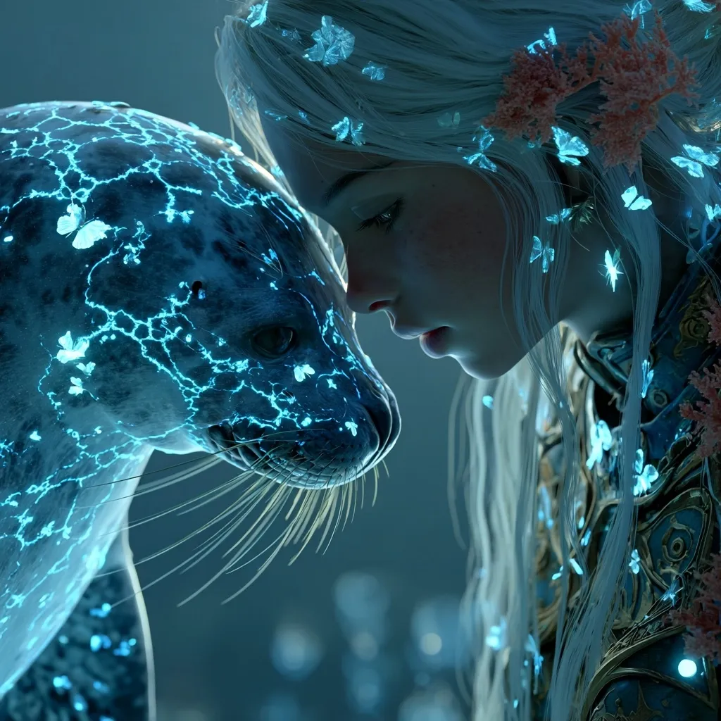A digital painting depicts a young woman with long, white hair adorned with glowing butterflies, gently touching her forehead to a seal.  Both the woman and the seal are illuminated with a soft, cyan light, creating a mystical and ethereal atmosphere.  Intricate glowing patterns resembling veins or energy flow across the seal's body. The scene evokes a sense of connection and tranquility between the human and animal.
