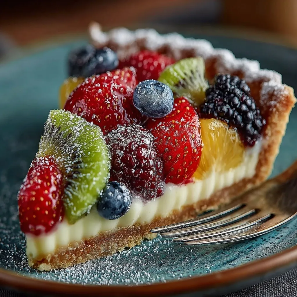 A slice of fruit tart is displayed on a teal plate.  The tart boasts a creamy, custard-like filling topped with an array of fresh fruits including strawberries, kiwi, blueberries, raspberries, and orange segments.  The crust is golden brown and dusted with powdered sugar. A fork rests near the tart, suggesting it's ready to be enjoyed.