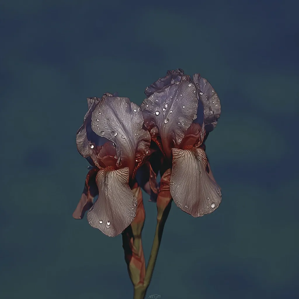 Two iris blossoms, delicately adorned with morning dew, stand out against a deep teal backdrop.  Their mauve petals, tinged with reddish-brown accents, exhibit intricate veining. The image is a study in soft light and subtle color contrasts, emphasizing the flowers' elegant form and ethereal beauty.  The overall mood is serene and contemplative.
