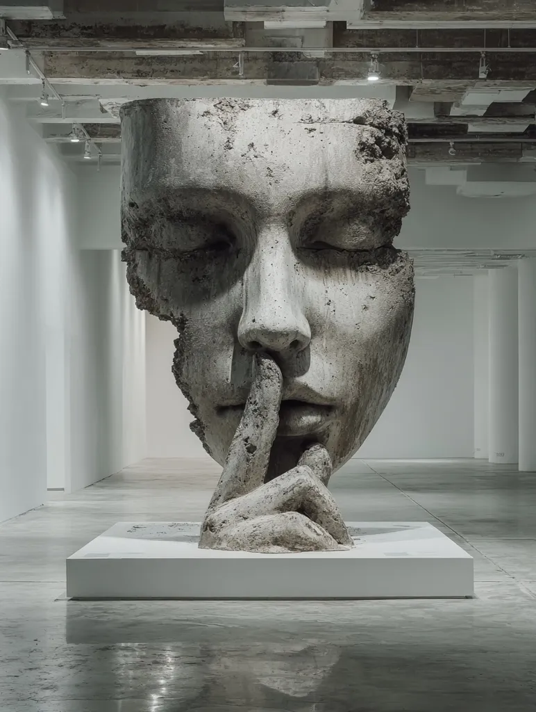 A large, weathered concrete sculpture of a face dominates a minimalist gallery space.  The face is partially fragmented, its eyes closed, and a hand is raised to its lips in a gesture of silence. The sculpture rests on a simple white pedestal, contrasting with the rough texture of the art piece. The setting emphasizes the sculpture's scale and dramatic effect. The overall mood is one of quiet contemplation and mystery.