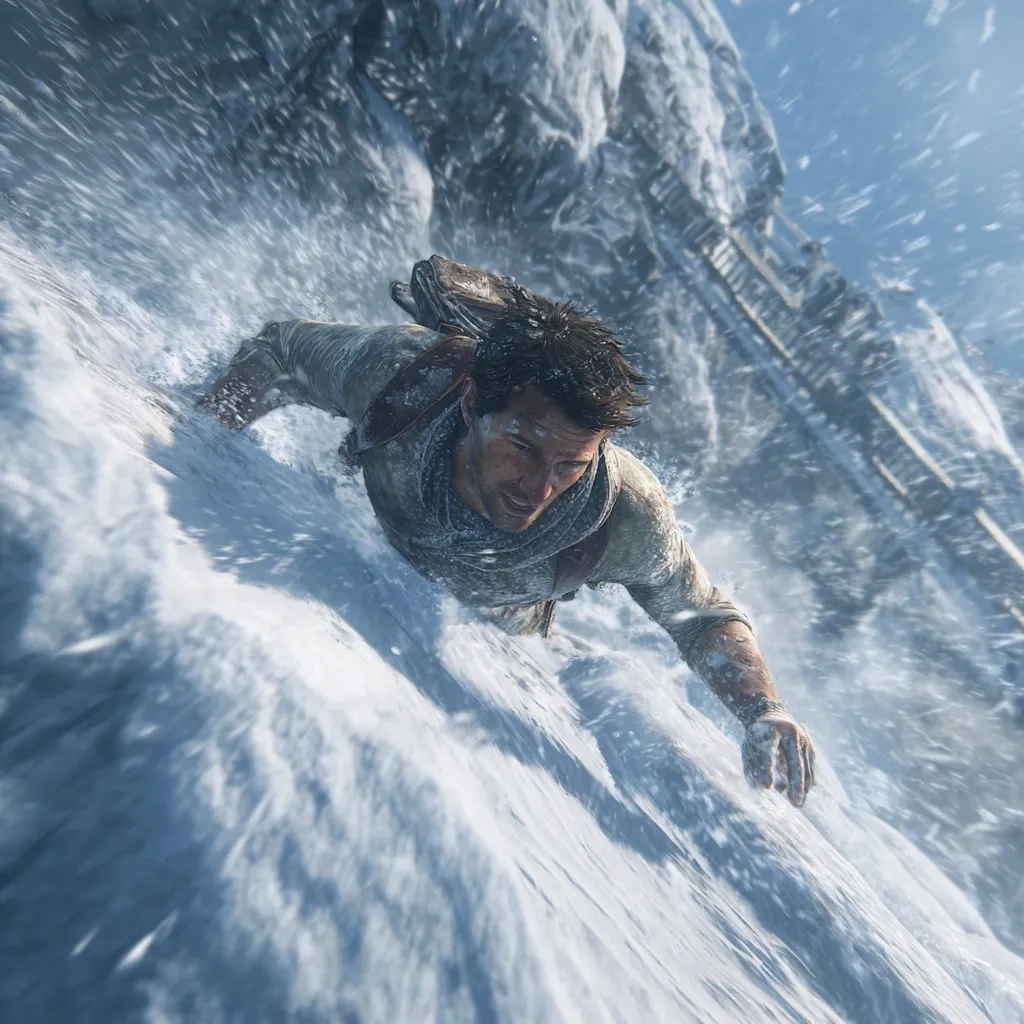 A man, possibly an adventurer, navigates a treacherous, snow-covered mountainside.  He's low to the ground, clinging to the icy slope amidst a blizzard.  A partially visible structure looms in the background, suggesting a perilous journey through a harsh, mountainous environment.  The image evokes a sense of intense struggle and determination against the elements.