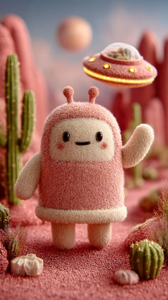 A cute, pink, fluffy alien stands in a desert-like landscape.  A pink UFO hovers above it, casting a soft glow.  Small cacti and rocks dot the reddish sand. The alien has large eyes and a small, friendly smile, waving one arm in greeting. The scene is whimsical and charming, possibly a digital illustration or 3D render.