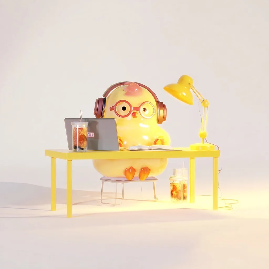 A cute, cartoonish yellow chick sits at a small yellow desk, wearing headphones and glasses.  It's working on a laptop with a notebook beside it.  A desk lamp illuminates the scene, and two bubble tea drinks sit on the desk. The overall style is bright, cheerful, and digitally rendered.