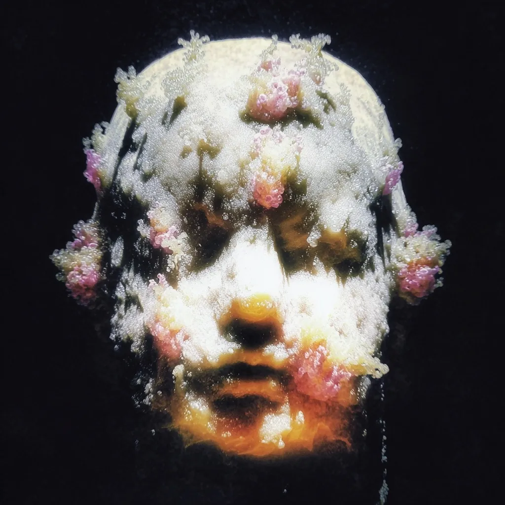 A close-up shot reveals a sculpted human face, seemingly made of a coarse, granular material.  Small, pink, coral-like growths cluster around the face, eyes, and ears, creating a surreal and unsettling effect. The lighting accentuates the texture and the contrast between the pale face and the vibrant pink accents. The overall impression is one of decay or transformation, a morbid yet fascinating juxtaposition of organic and inorganic elements.