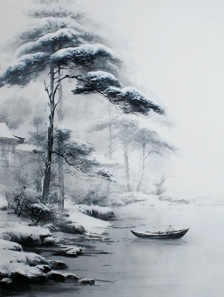 A serene winter landscape unfolds, painted in shades of grey and white. Snow-laden pine trees dominate the foreground, their branches reaching towards a misty, tranquil lake. A lone small boat rests on the still water, adding to the peaceful atmosphere. The scene evokes a sense of quietude and the beauty of a snow-covered, secluded waterfront.  Hints of buildings are visible in the background, shrouded in the winter fog.