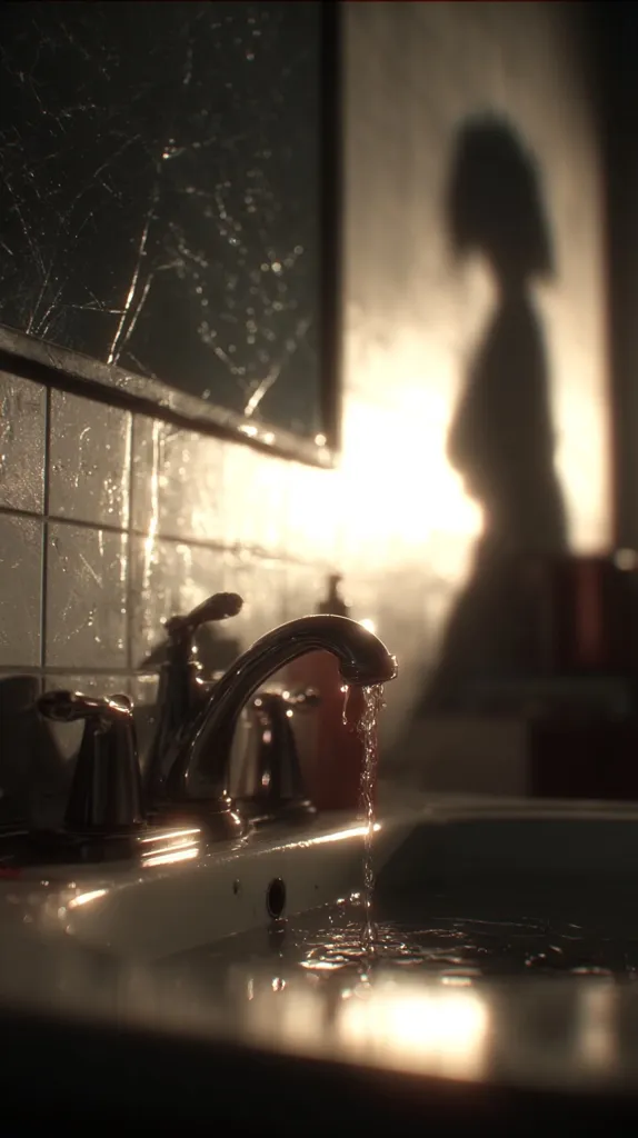 A bathroom sink with water running from a faucet is the focus of this image.  The background is blurred, showing a cracked mirror and the shadowy figure of a person. The warm light illuminates the water droplets and creates a moody, atmospheric scene. The overall impression is one of solitude and introspection.