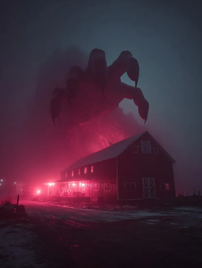 A large, shadowy claw emerges from a dense fog, looming over a red barn bathed in eerie pink light.  The scene is dark and atmospheric, creating a sense of impending threat and unease. The barn stands isolated, its windows glowing faintly, adding to the mysterious and somewhat ominous mood.  The overall image evokes a feeling of horror or suspense.