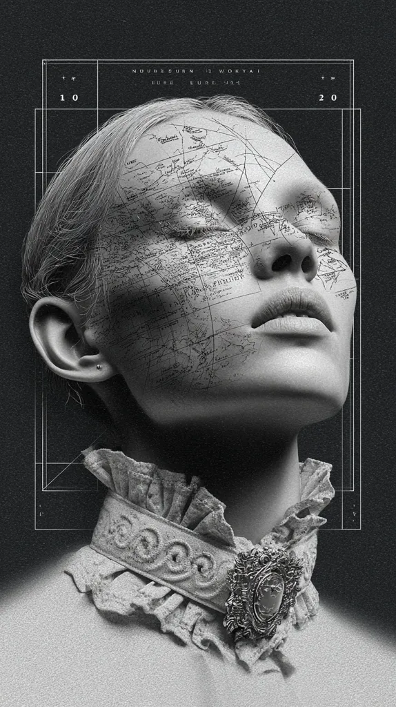 A monochromatic, close-up portrait of a woman's face overlaid with an antique map. Her eyes are closed, and her expression is serene. She wears a high-collared garment adorned with intricate detailing and a brooch.  A grid pattern frames the image, adding a graphic design element. The overall style is reminiscent of a vintage illustration or a conceptual artwork.