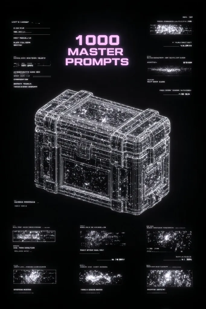 A digital rendering showcases a wireframe model of a metallic storage chest, glowing with white light against a black background.  The chest appears to be filled with a starry nebula effect.  The text "1000 MASTER PROMPTS" is prominently displayed, suggesting a collection of prompts related to AI image generation or similar technology.  Surrounding data panels add to the futuristic, technological aesthetic.