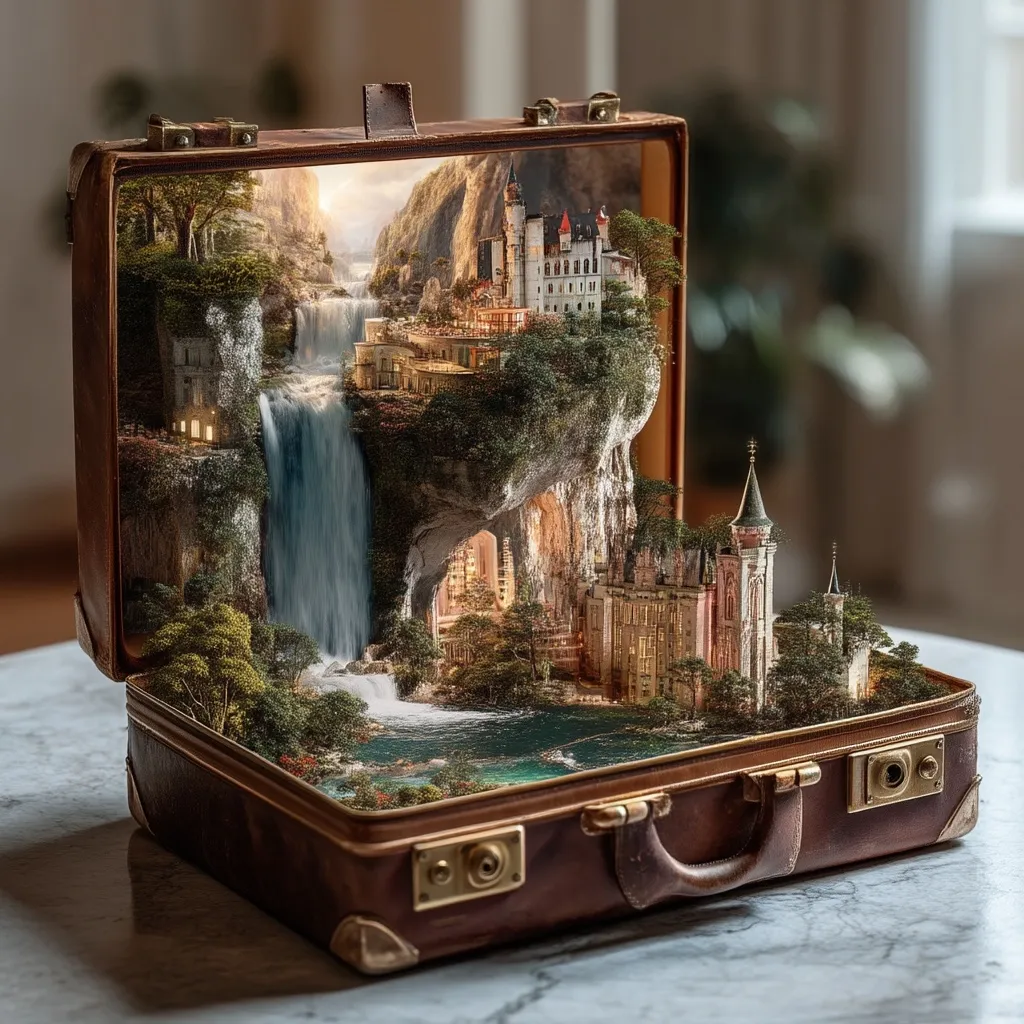 A vintage brown leather suitcase is open, revealing a miniature fantastical landscape.  A cascading waterfall flows into a calm pool, nestled within a rocky cliff face. Lush greenery surrounds a charming town and majestic castle, creating a surreal and enchanting scene. The image juxtaposes the ordinary suitcase with an extraordinary, dreamlike world contained within.