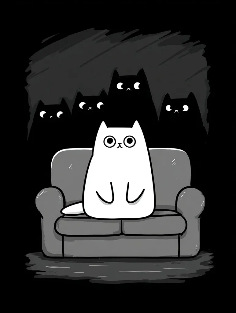 A white cat sits innocently on a gray couch, while three shadowy black cats lurk menacingly in the background.  The illustration uses simple lines and shading, creating a humorous contrast between the oblivious white cat and the lurking darkness. The scene evokes a feeling of playful suspense or hidden danger.