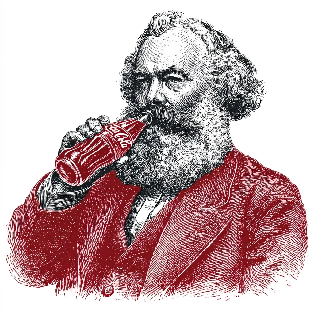 A stylized woodcut-style illustration depicts Karl Marx, the renowned philosopher, in a crimson coat, his thick beard prominent. He is shown in profile, holding a Coca-Cola bottle to his lips, his expression contemplative. The image uses a rich red and black palette, creating a striking contrast.  The detail is sharp, capturing the texture of Marx's beard and clothing. The overall effect is both intriguing and humorous.