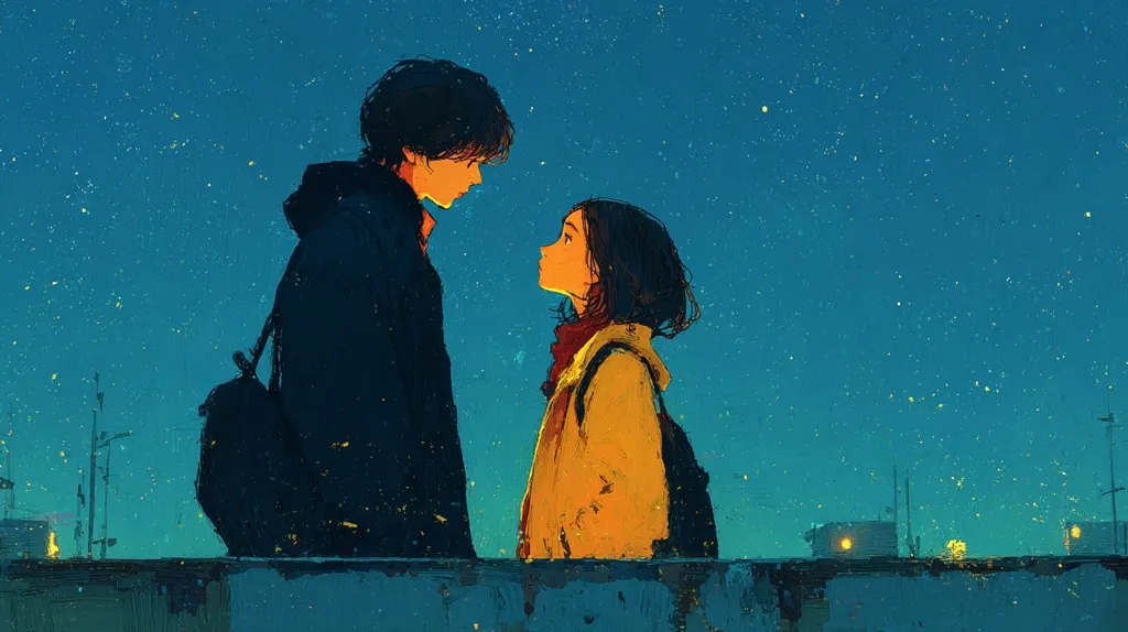 Under a starlit teal sky, a young man and woman stand facing each other, their eyes locked.  He wears a dark jacket and backpack; she, a mustard-colored coat.  The cityscape behind them is muted, the focus solely on the pair's intimate moment.  The artwork's style is impressionistic, with textured brushstrokes conveying emotion and atmosphere.  A sense of quiet contemplation and connection pervades the scene.