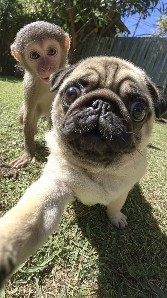 A pug puppy takes a selfie, its large, expressive eyes and upturned nose filling the frame. Behind it, a small monkey with wide eyes peeks into the picture.  Both animals are outdoors on a sunny day, sitting in the grass. The image is a close-up, emphasizing the adorable features of the pug and the monkey's curious expression.