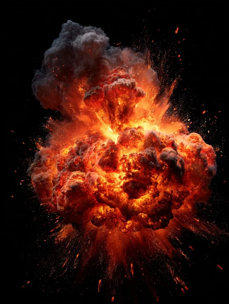 A dramatic image depicts a massive explosion against a stark black backdrop.  Intense orange and red flames billow outwards, surrounded by dark grey smoke.  Sparks and debris radiate from the center, creating a dynamic and powerful visual representation of immense energy release. The overall effect is one of fiery chaos and destruction.