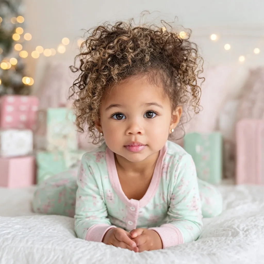 A charming toddler girl with curly brown hair lies on a white bed, gazing directly at the camera.  She's wearing a light green and pink floral pajama onesie.  A blurred background features soft pink and mint-green gift boxes and twinkling Christmas lights, suggesting a festive setting.  The child's expression is serious and captivating.