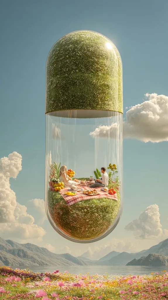 A giant, transparent capsule, resembling a pill, floats in the sky. Inside, a miniature couple enjoys a picnic on a grassy patch, surrounded by fruits and flowers.  The capsule is capped with a layer of verdant moss, contrasting with the serene landscape below, featuring mountains and a colorful meadow. The scene evokes a surreal and idyllic escape.