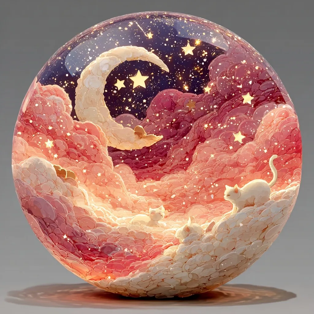 A whimsical glass sphere depicts a dreamy nightscape.  Pink and peach clouds, speckled with stars, cradle three small, white cats.  A crescent moon, also crafted from clouds, hangs in the sky, adding to the enchanting, otherworldly atmosphere.  The scene is illuminated with a soft, warm glow, creating a captivating and peaceful image.