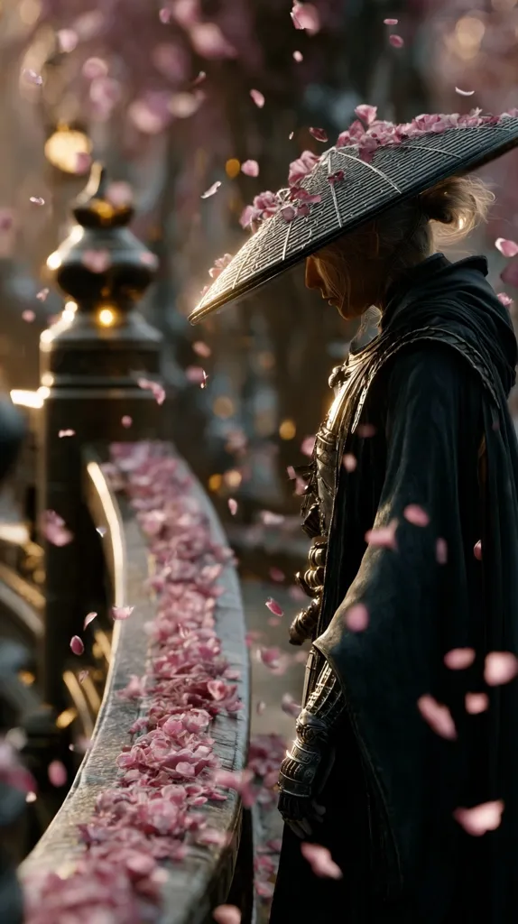 A lone figure, adorned in dark robes and a wide-brimmed hat decorated with pink petals, stands pensively on a bridge.  Falling cherry blossoms create a serene yet melancholic atmosphere.  The figure's attire suggests a warrior or spiritual leader, their posture conveying contemplation amidst the beautiful, yet ephemeral, floral display.  The scene is rich in detail, suggesting a fantastical or historical setting.