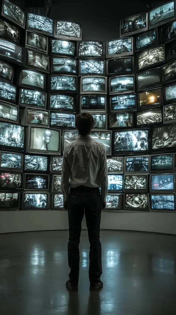 A person stands before a wall of numerous screens displaying various scenes. The screens are arranged in a curved formation, creating a visually striking display.  The individual, dressed in a light shirt and dark trousers, appears to be observing the multitude of images. The atmosphere is dark and somewhat ominous, highlighting the sheer volume of visual information.  The scene suggests themes of surveillance, data overload, or information dissemination.