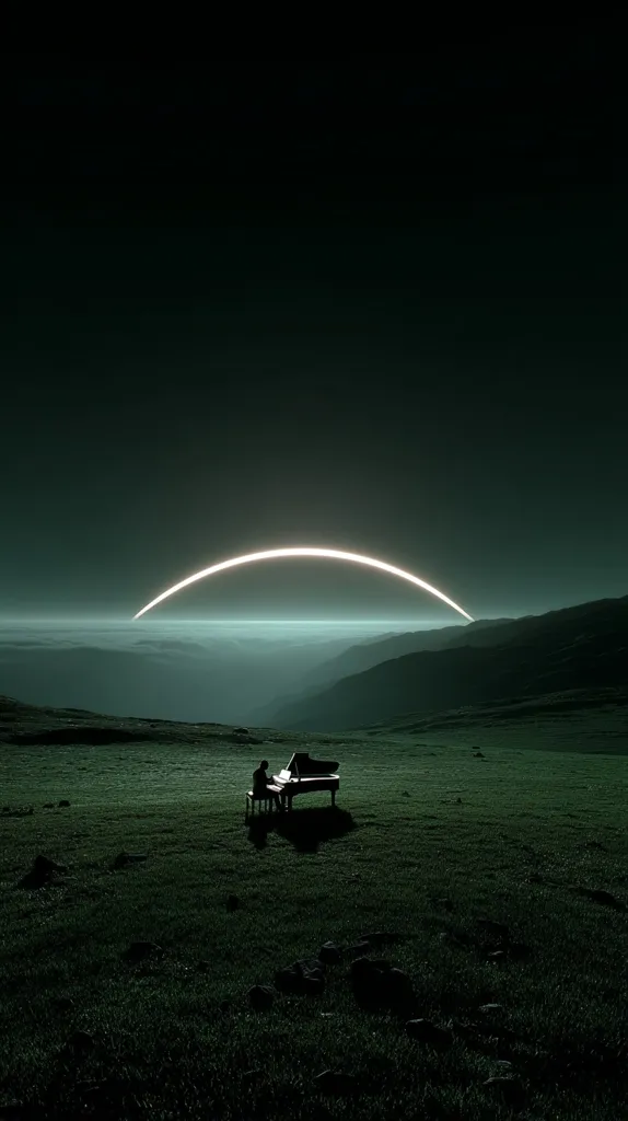A lone pianist sits at a grand piano in a vast, dark green field.  A bright, ethereal arc, resembling a solar eclipse, spans the horizon above rolling hills under a night sky. The scene is serene and atmospheric, emphasizing the isolation and the otherworldly quality of the moment.  The image evokes a sense of mystery and contemplation.