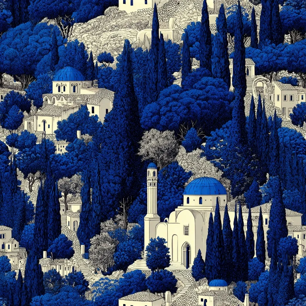 A vibrant illustration depicts a hillside village nestled amidst lush, dark blue cypress trees.  Off-white buildings with blue-domed structures, possibly churches or mosques, are scattered throughout the landscape.  The scene is rendered in a stylized, almost graphic manner, with sharp lines and bold color contrasts between the buildings and the foliage.  The overall impression is one of a serene, idyllic Mediterranean setting.