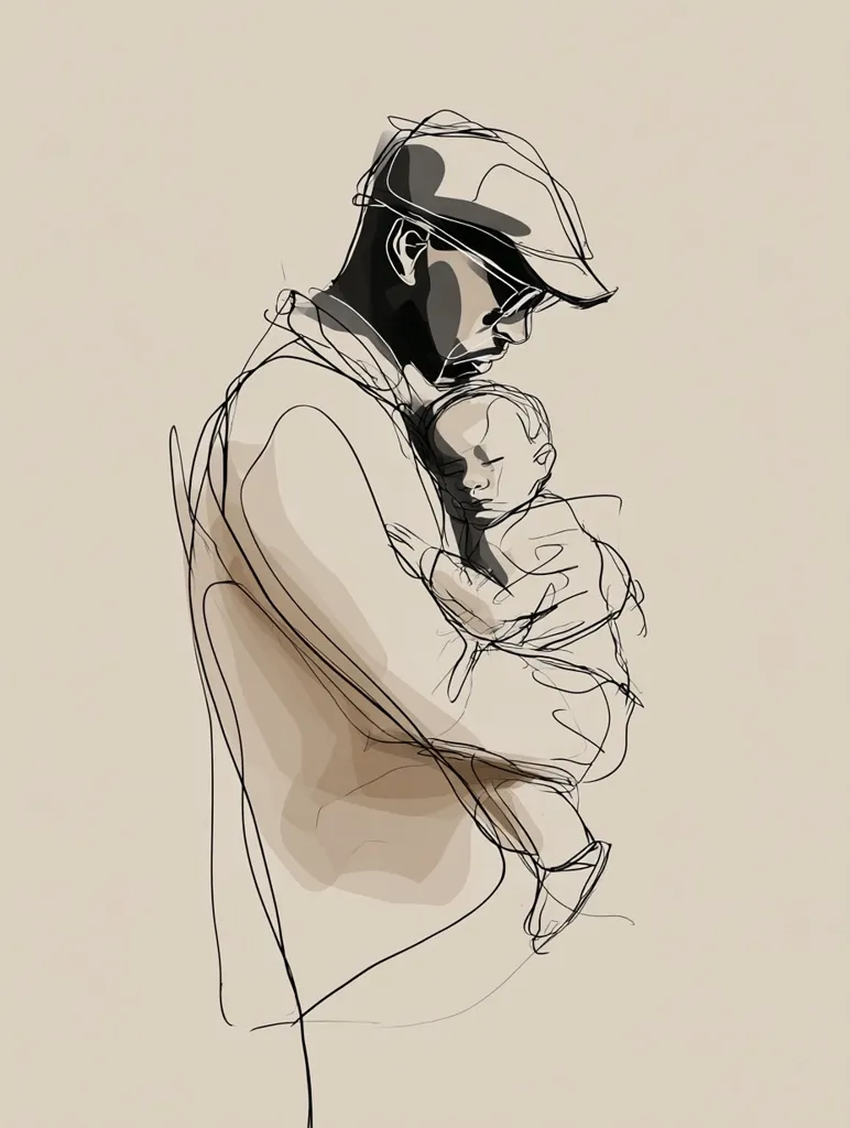 A stylized line drawing depicts a father tenderly cradling his sleeping infant.  The man, wearing a newsboy cap, is drawn with delicate, flowing lines suggesting warmth and affection.  The baby rests peacefully in his arms, the composition emphasizing the intimacy and protective nature of the bond between them.  The muted color palette and loose lines create a soft, sentimental atmosphere.
